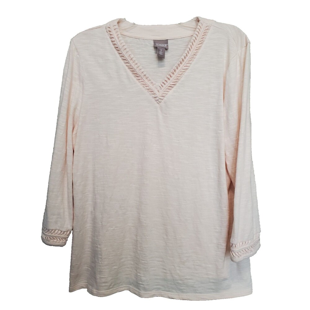 Chico's Pink Slub Knit Twist Trim V-Neck Blouse Size 2 Large